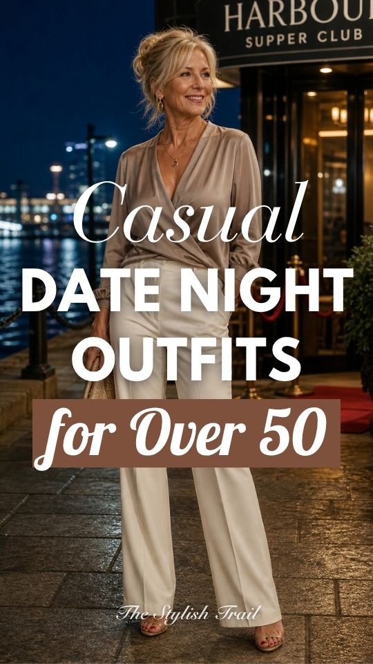 a woman over 50 in a casual date night outfit with a wrap blouse and cream pants