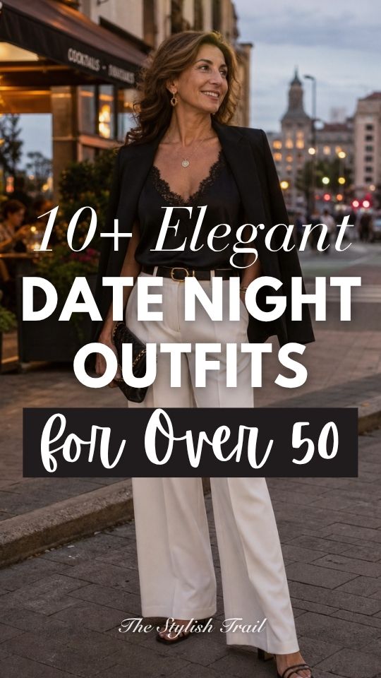 a woman over 50 wears a date night outfit with a lace black top, a blazer and cream trousers