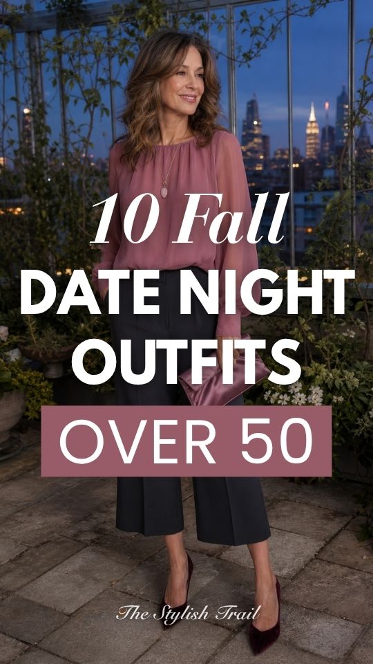 a woman over 50 wears a fall date night outfit with a mauve blouse and cropped pants, black pumps
