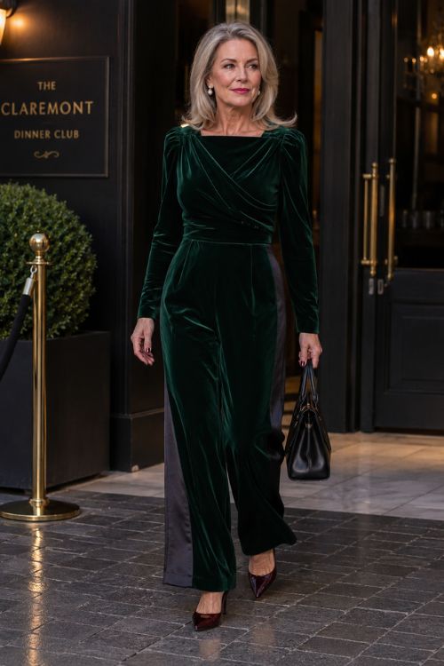a woman wearing a deep forest velvet jumpsuit and wide legs inset with narrow satin panels, paired with burgundy heels