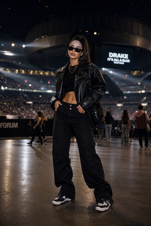 a woman wears a black leather jacket with a black crop top, baggy cargo pants, sneakers, and a black shoulder bag