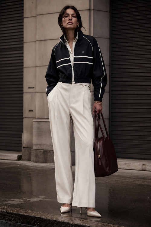 a woman wears a black track jacket with cream wide-leg trousers, cream pointed heels, and a brown leather tote