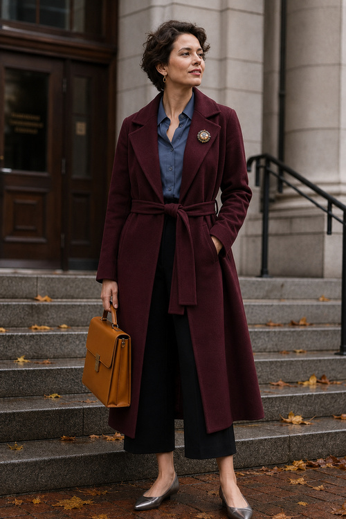 a woman wears a burgundy belted coat with a blue shirt, black cropped trousers, metallic flats, and a tan handbag