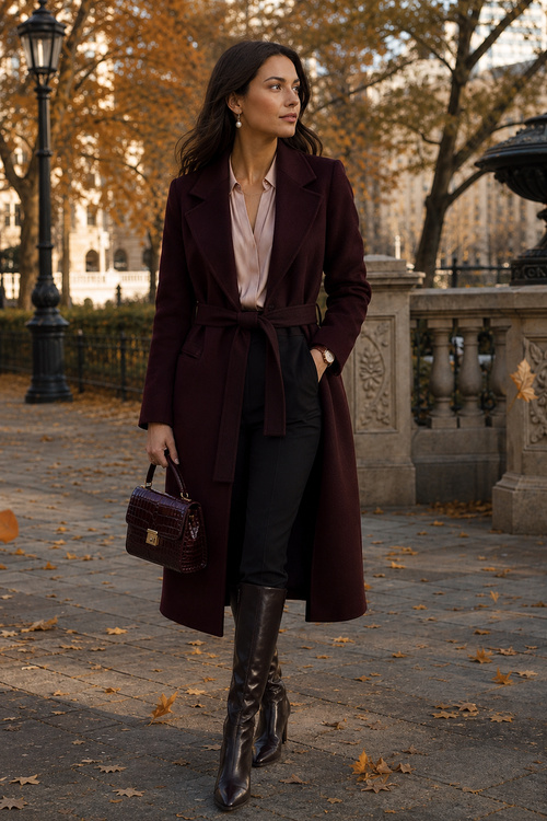 a woman wears a burgundy belted coat with a blush blouse, black trousers, knee-high leather boots, and a burgundy handbag