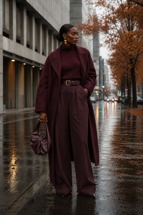 a woman wears a burgundy fall outfit with a long coat, wide-leg trousers, and pointed-toe heels