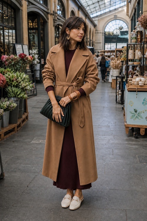 a woman wears a burgundy knit dress with a camel wrap coat and cream loafers