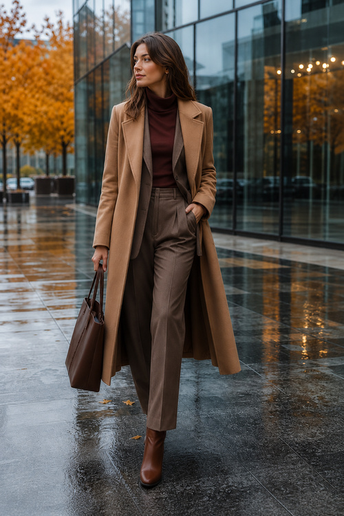 a woman wears a camel coat with a brown turtleneck, tailored trousers, ankle boots, and a leather tote