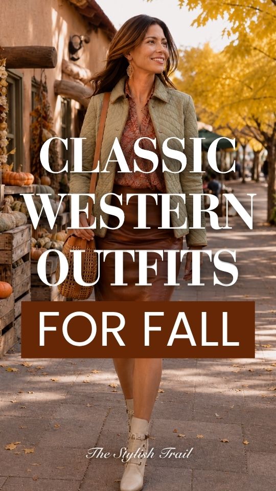 a woman wears a classic fall western outfit with an olive quilted jacket with a paisley blouse, brown leather skirt, cream ankle boots