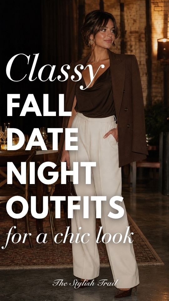 a woman wears a classy chic fall date night outfit with a black cami, white pants and brown blazer