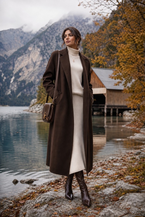 a woman wears a cream knit dress with a long brown coat and knee high boots by a mountain lake in fall