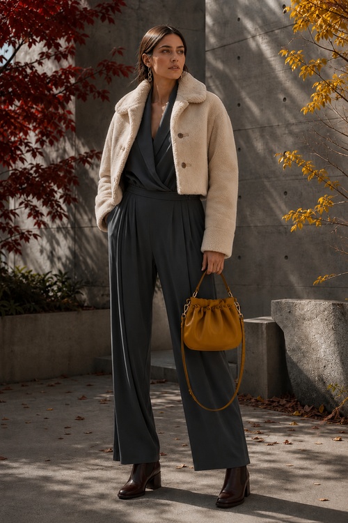 a woman wears a cream shearling jacket with a charcoal jumpsuit, ankle boots, and a mustard handbag