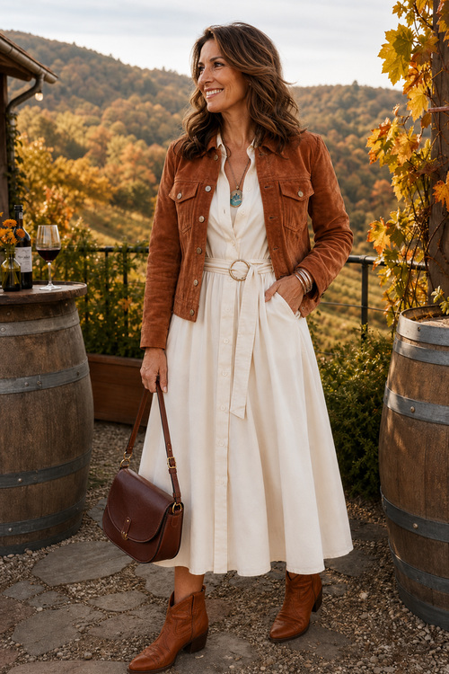 a woman wears a cream shirt dress with a rust suede jacket, brown ankle boots, and a leather handbag