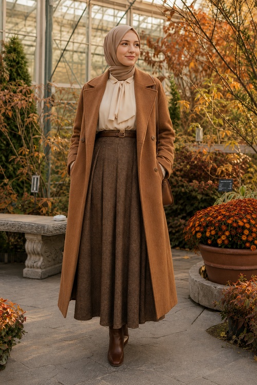 a woman wears a fall old money outfit with a camel coat, beige hijab, cream bow blouse, brown plaid skirt, and brown ankle boots