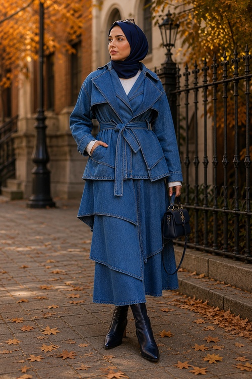 a woman wears a fall old money outfit with a denim belted jacket, layered denim skirt, navy hijab, and black ankle boots