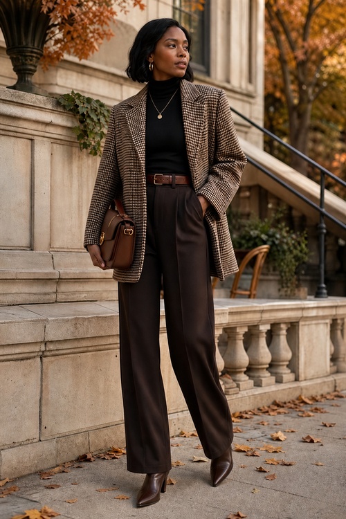 a woman wears a fall old money outfit with a houndstooth blazer, black turtleneck, brown trousers, and brown ankle boots
