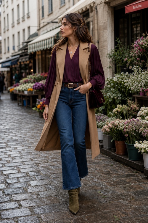 a woman wears a fall outfit with a camel long vest, burgundy blouse, blue jeans, and olive ankle boots