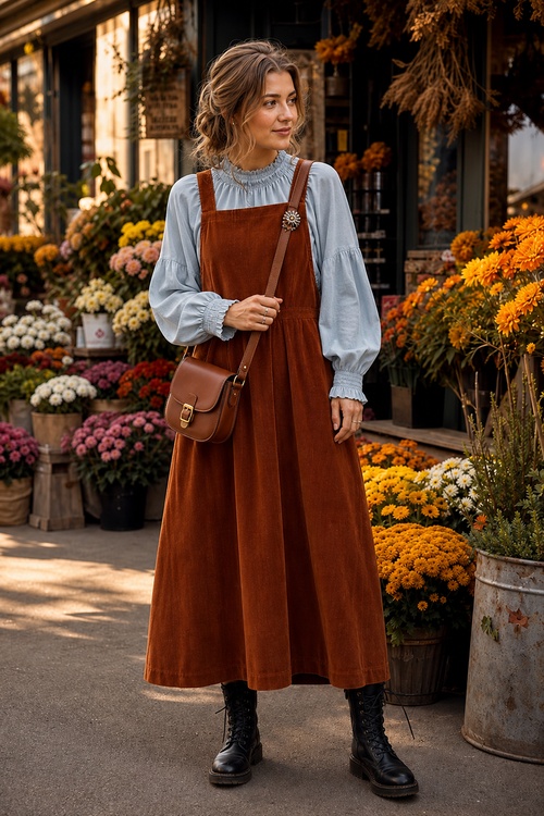 a woman wears a fall outfit with a rust corduroy pinafore dress, light blue blouse, brown crossbody bag, and black combat boots