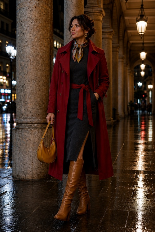 a woman wears a maroon trench coat over a charcoal dress with knee-high boots, a silk scarf, and a mustard handbag