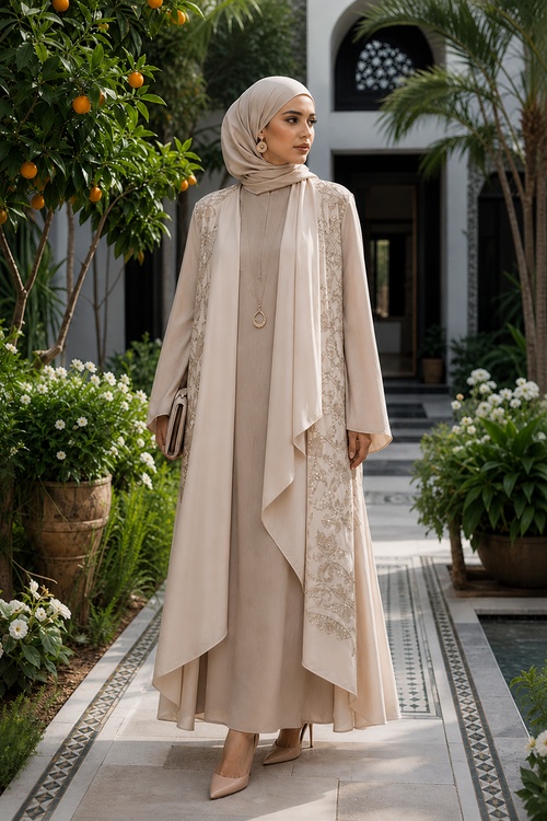 a woman wears a modest beige outfit with a hijab and embroidered long coat