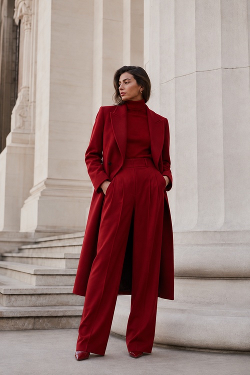 a woman wears a monochrome red outfit with a long coat, turtleneck, wide-leg trousers, and pointed heels
