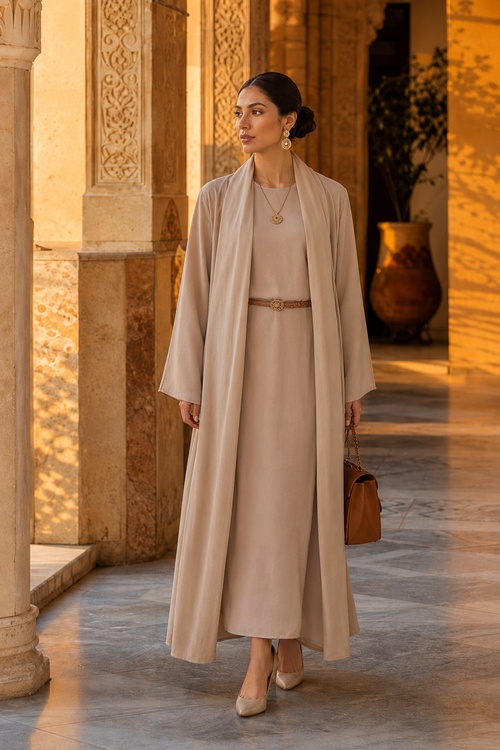 a woman wears an old money outfit with a beige dress and long coat