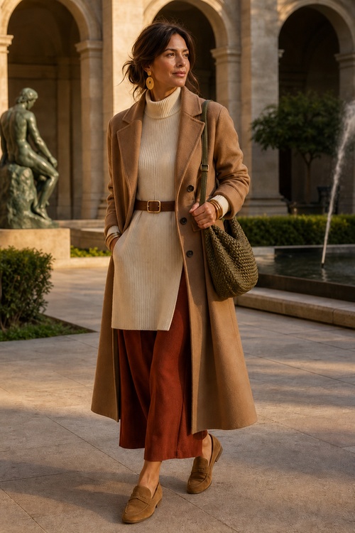 a woman wears an old money outfit with a camel coat and rust wide-leg pants