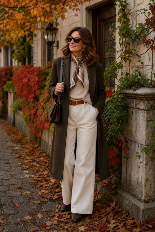 a woman wears an olive coat with a cream sweater, white wide-leg trousers, brown ankle boots, and a silk scarf