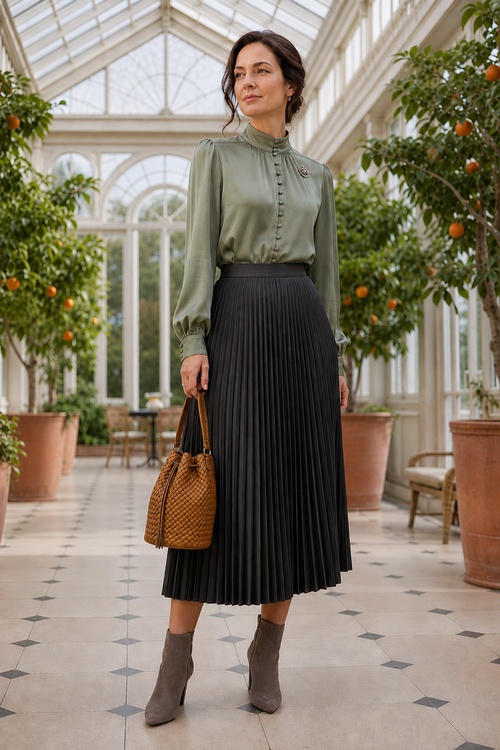 a woman wears an olive green blouse with a black pleated midi skirt and ankle boots