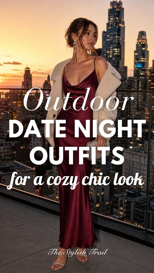 a woman wears an outdoor date night outfit with a burgundy dress and a wool jacket
