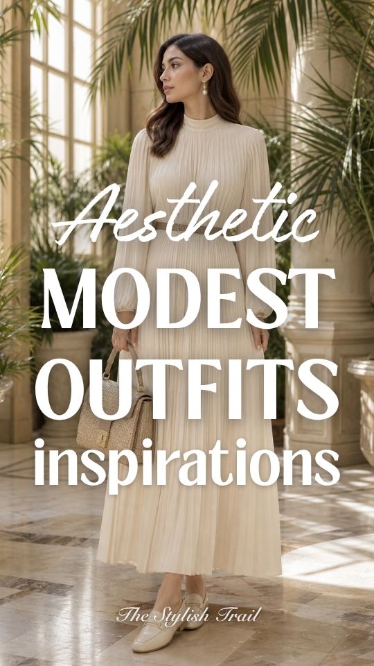 aesthetic modest outfit inspo, woman in a cream long sleeve dress with pleated skirt and matching shoes