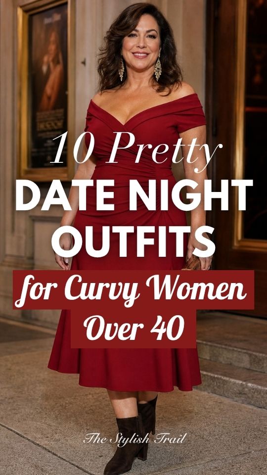 an curvy woman over 40 wears a date night outfit with a red dress with black boots