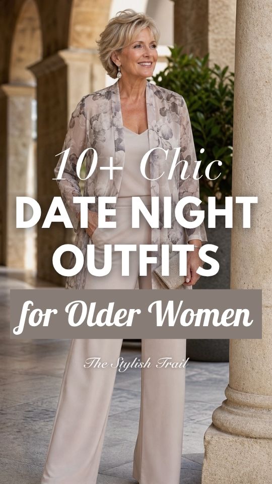 an older woman wears a date night outfit with a neutral outfit with a kimono