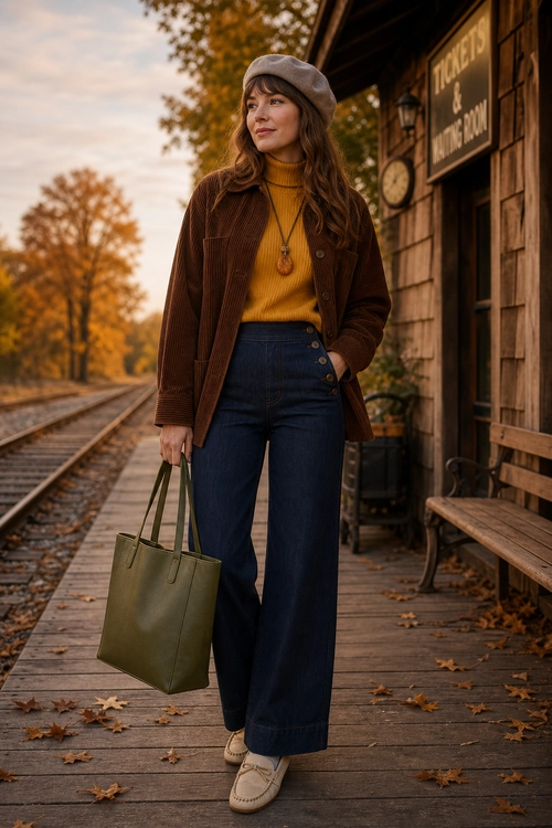 Autumn Brown Jacket and Wide-Leg Jeans A woman wears a brown jacket, mustard turtleneck, dark wide-leg jeans, gray beret, pendant necklace, olive tote, and cream loafers on a railway platform.