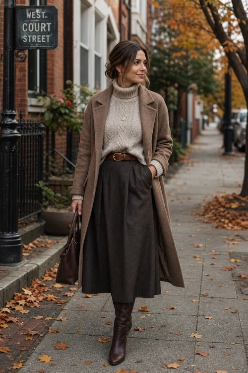 Autumn Coat and Knitwear Look A woman wears a taupe long coat over a cream cable-knit turtleneck, dark brown midi skirt, brown belt, tall leather boots, and carries a brown handbag.