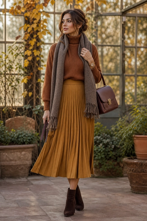 Autumn Knit Sweater and Pleated Skirt Outfit A woman wears a rust knit turtleneck sweater, mustard pleated midi skirt, taupe scarf, brown ankle boots, and a burgundy shoulder bag.