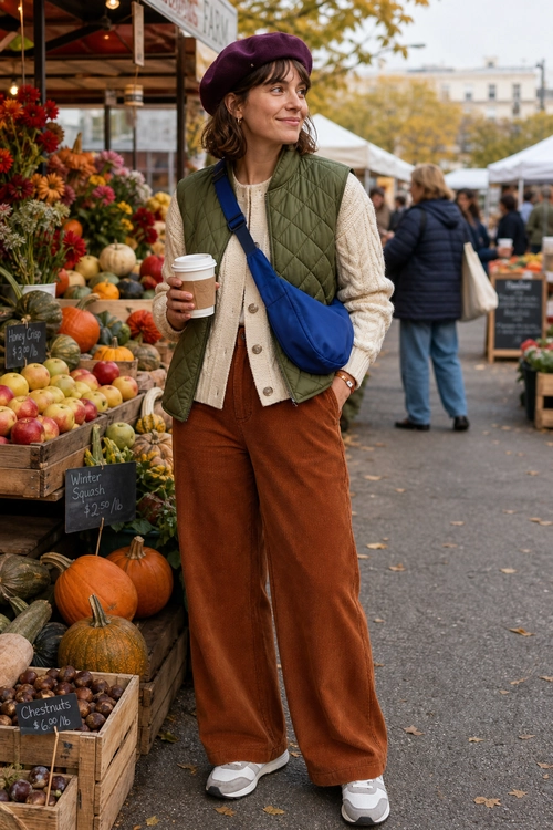 Autumn Market Outfit with Quilted Vest A woman wears a purple beret, cream knit cardigan, olive quilted vest, rust wide-leg trousers, blue crossbody bag, and white sneakers at an outdoor market.