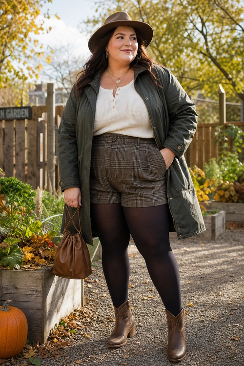 A woman wears a brown wide-brim hat, dark olive coat, cream ribbed top, plaid shorts, black tights, brown ankle boots, and a brown drawstring handbag outdoors.