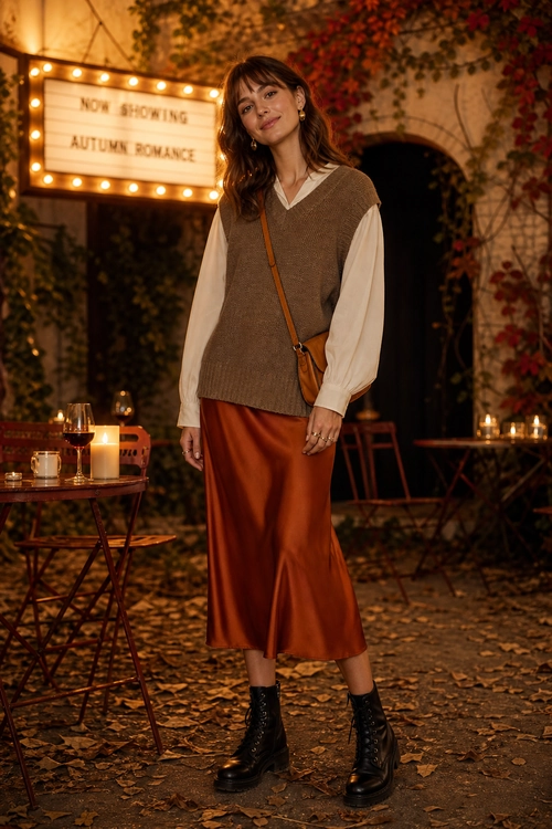 Autumn Romance Layered Outfit A woman wears a taupe sweater vest over a cream blouse with a rust midi skirt, black lace-up boots, and a brown crossbody bag.