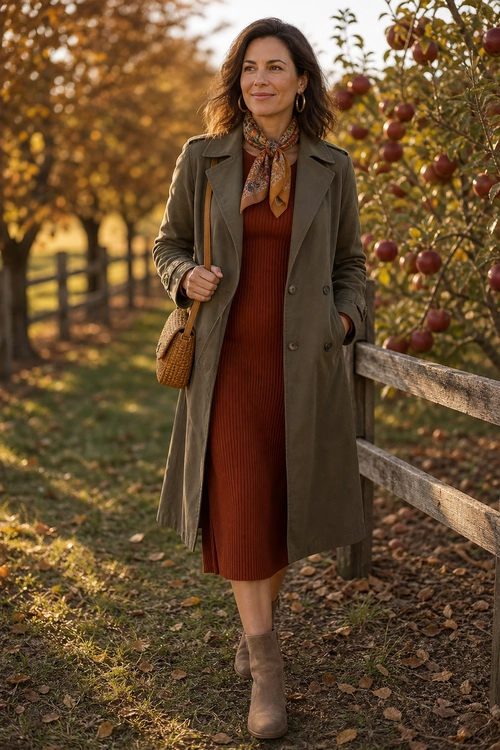 Autumn Trench Coat and Rust Dress Outfit A woman wears an olive trench coat over a rust ribbed midi dress with a patterned neck scarf, woven handbag, and taupe ankle boots.
