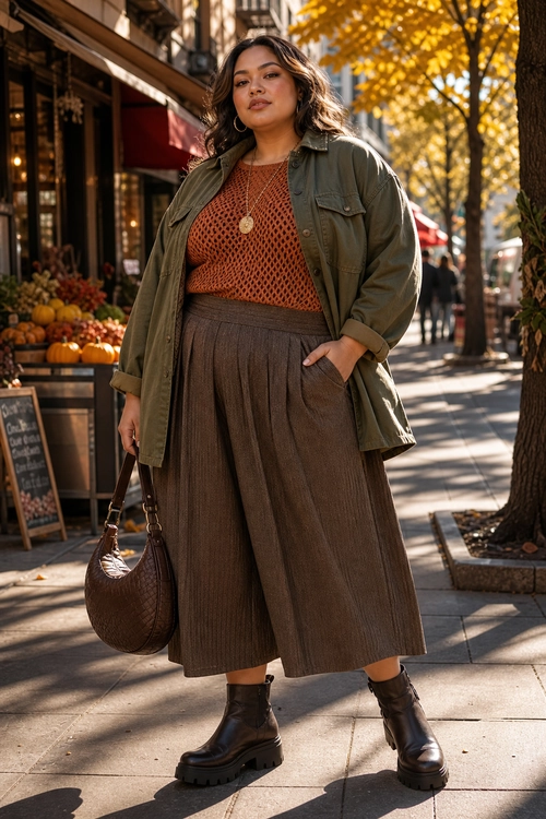 A woman wears an olive utility jacket over a rust open-knit sweater with brown pleated culottes, black lug-sole ankle boots, and a brown shoulder bag.