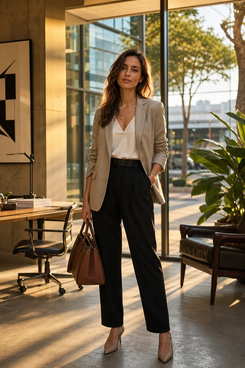 Beige Blazer and Black Trousers A woman wears a beige blazer over an ivory blouse with black wide-leg trousers, pointed beige pumps, and a brown leather tote.