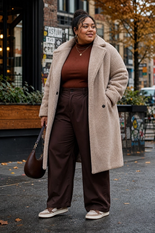 A person wears a long beige textured coat over a brown ribbed top, dark brown wide-leg trousers, and light sneakers while carrying a dark brown shoulder bag.