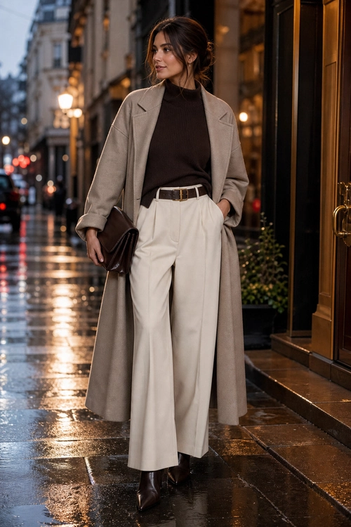A woman wears a long beige coat over a dark brown turtleneck with cream wide-leg trousers, a brown belt, a clutch, and pointed ankle boots.