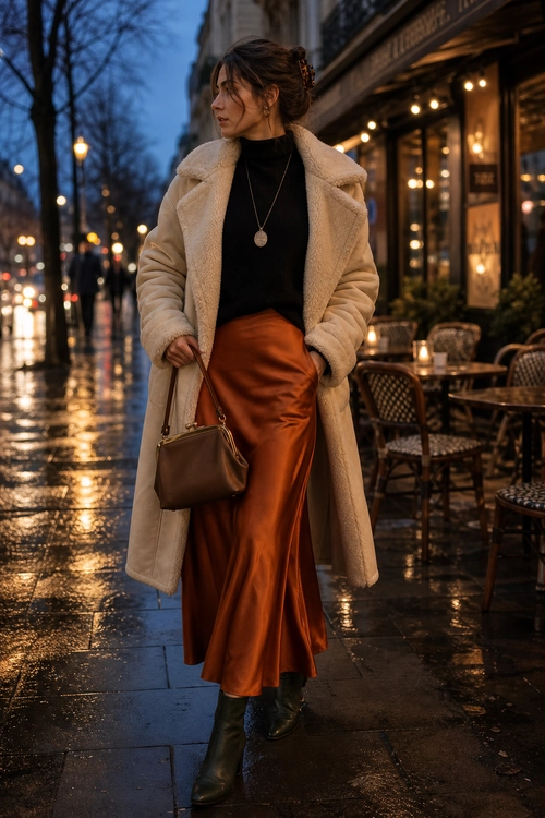Beige Coat and Satin Skirt Outfit A woman wears a long beige coat over a black turtleneck and copper satin midi skirt with dark boots and a brown shoulder bag.