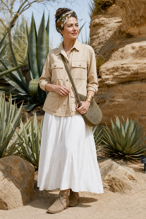 A woman wears a beige utility jacket, white maxi skirt, taupe ankle boots, patterned headscarf, and woven crossbody bag.