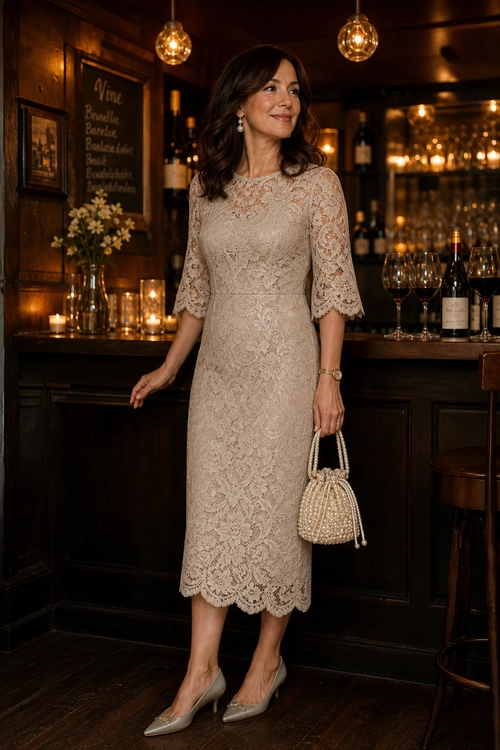 A woman wears a beige lace midi dress with three-quarter sleeves, pointed-toe heels, and a beaded handbag.