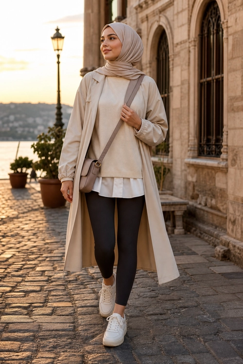 A woman wears a beige hijab and long coat over a cream layered top, black leggings, white sneakers, and a taupe crossbody bag.