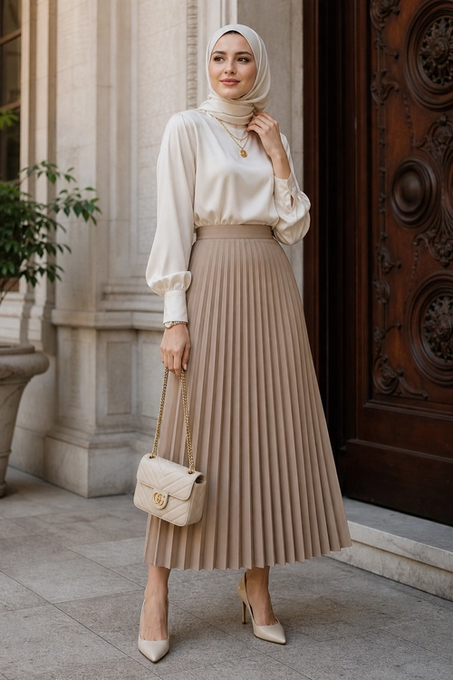 Elegant Beige Pleated Skirt Outfit A woman wearing a cream hijab and blouse with a beige pleated midi skirt, pointed pumps, and a chain-strap handbag.
