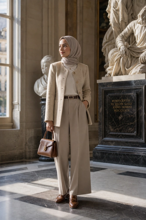 Woman wearing a beige hijab, tailored jacket, wide-leg trousers, brown loafers, and a structured brown handbag.