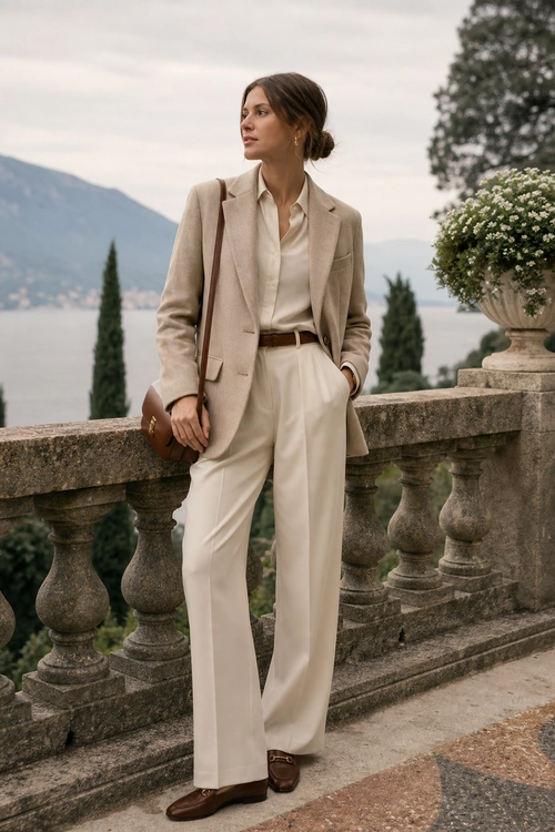 Elegant Beige Tailored Outfit A woman wears a beige blazer with a cream blouse, wide-leg trousers, brown belt, leather shoulder bag, and loafers.